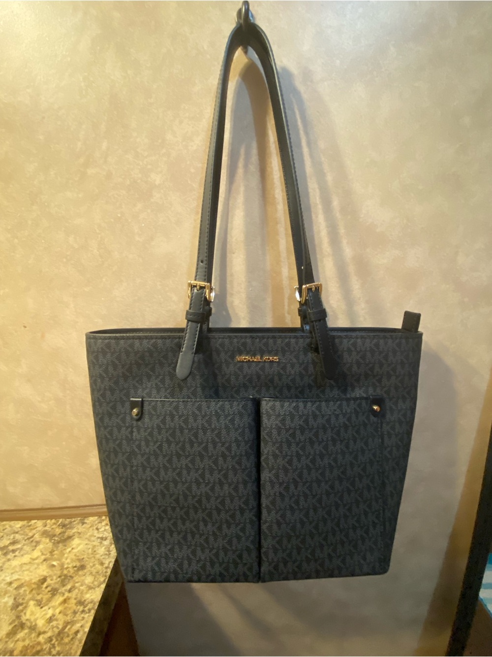 Michael Kors Black Monogram Tote with Gold Hardware